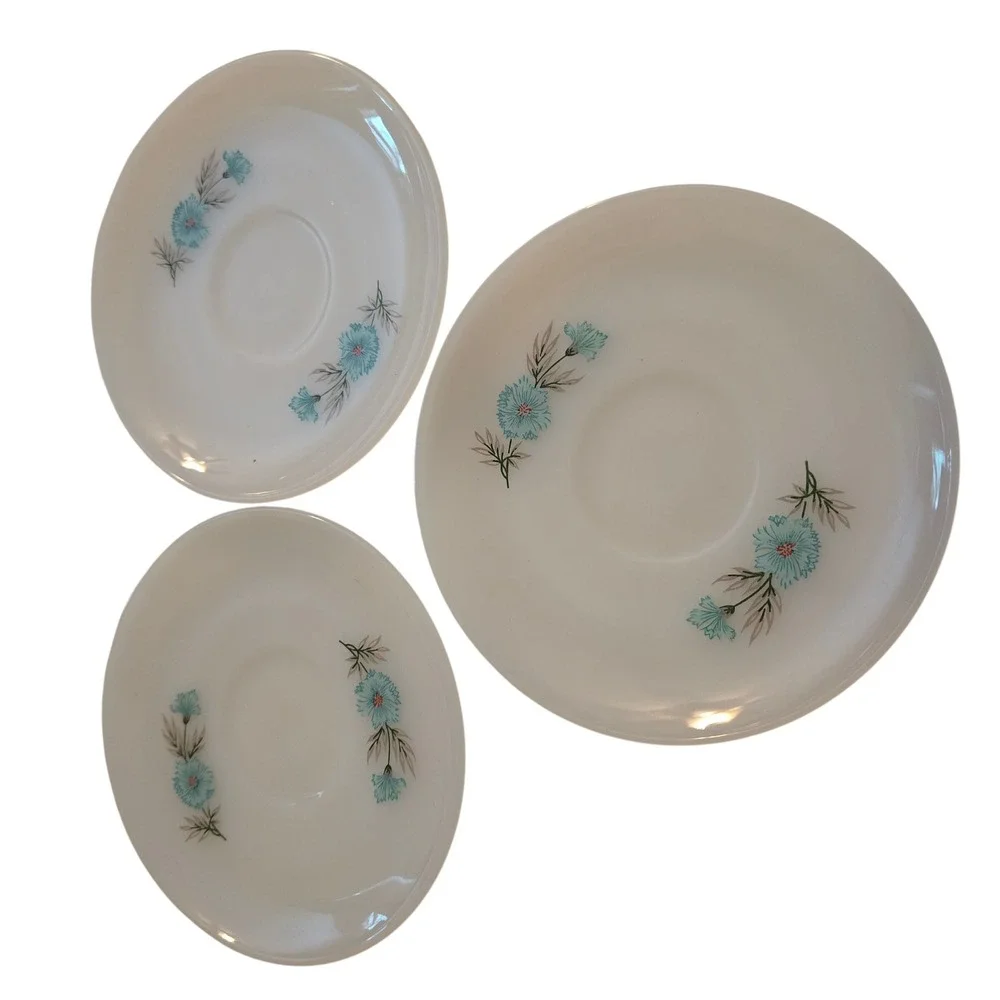 Vintage Fire-King Milk Glass Saucers Anniversary Blue Floral‎ Set of 3 USA Made